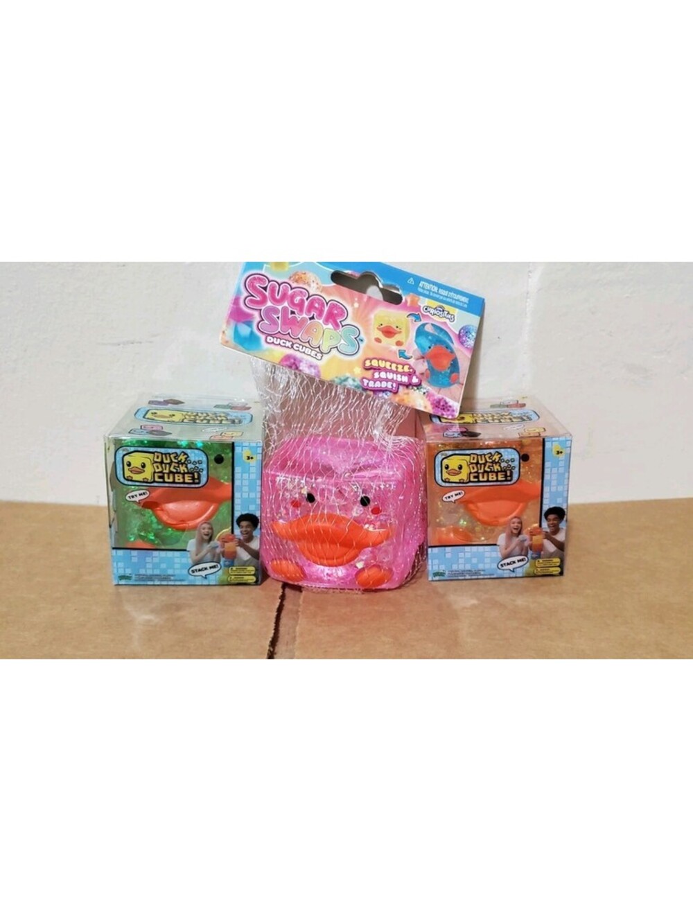 Sugar Swaps Duck Duck Cube Glitter Squishy Toy Lot of 3 Pink Green Orange